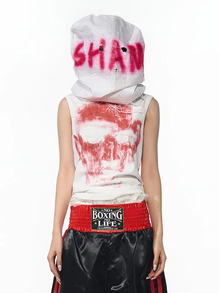 Black half turtleneck sleeveless T-shirt with white character pattern print, slim fit