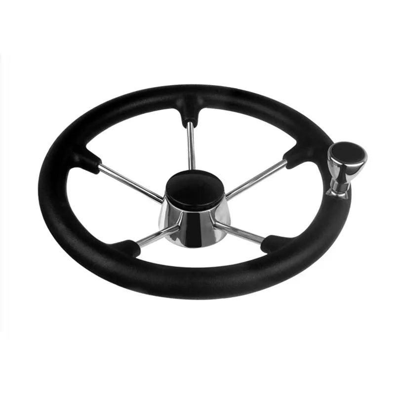 355mm 304 stainless steel marine steering wheel with black spoke design on white background