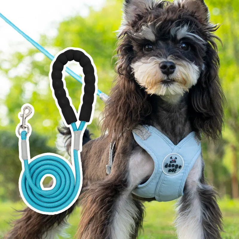 Blue polyester dog harness vest with an attached hand-holding rope lead.