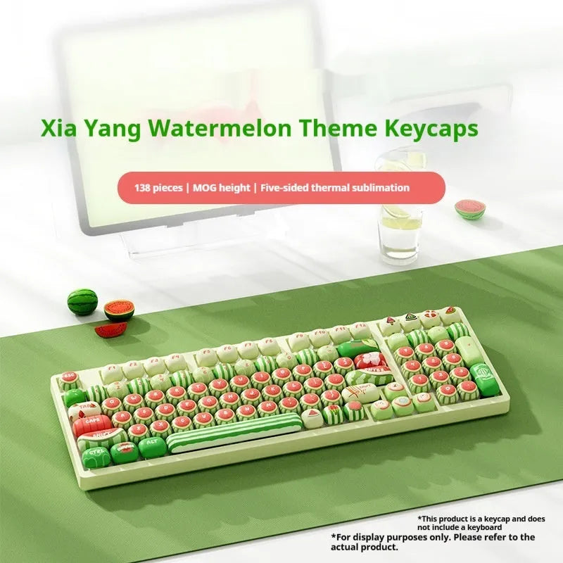 Watermelon theme PBT key cap set for mechanical keyboards, showing Xia Yang colour design on small steamed bun profile caps.