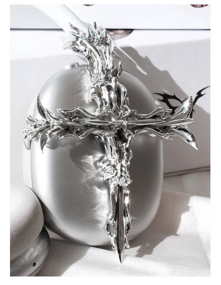 Gothic cross design resin headphone cover for Apple AirPods Max in silver metallic finish