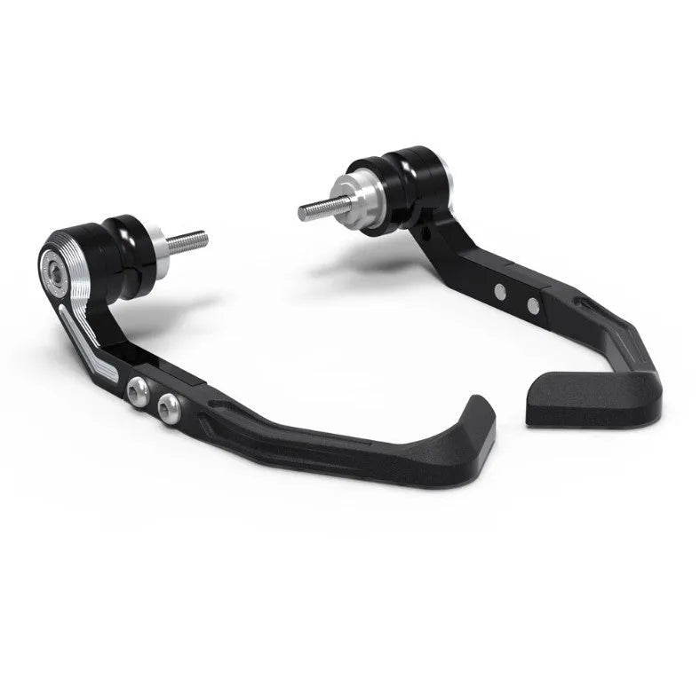 Pair of black CNC machined motorcycle bow protection pads for Honda CBR650F and CBR650R brake horn guard bar.