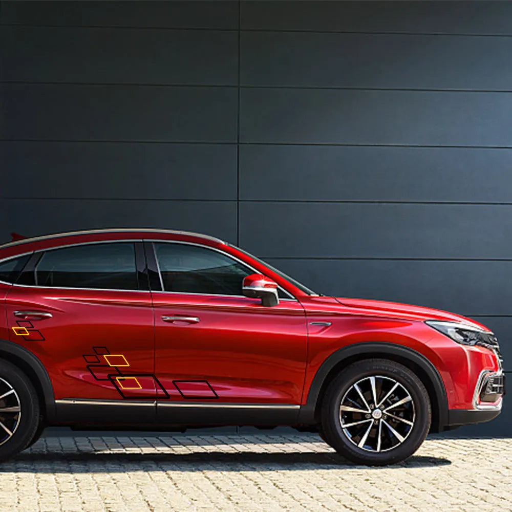 Car garnished waistline sticker in black red PET material, 100x38cm, on a vehicle side panel