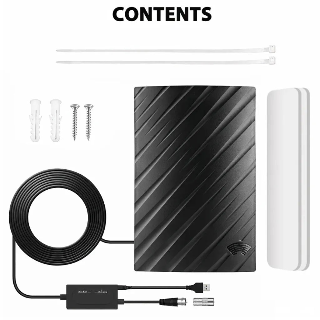 Black plastic digital television antenna with mounting screws and cable ties on a white background.