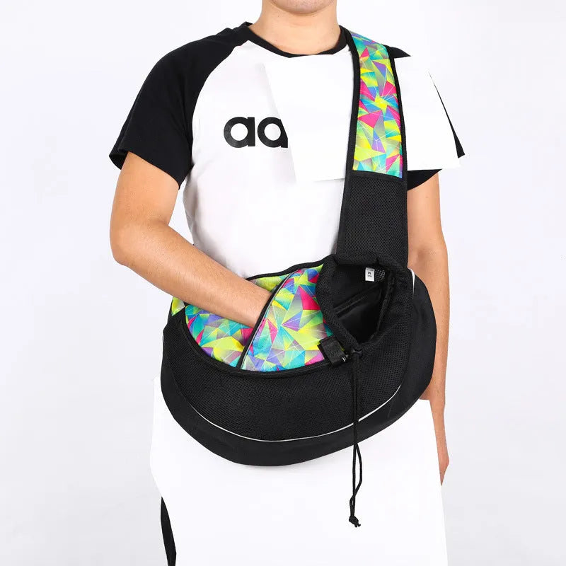 Portable crossbody pet carrier bag for dogs and cats, black, S size, Oxford material, with drawstring closure and zippered bottom