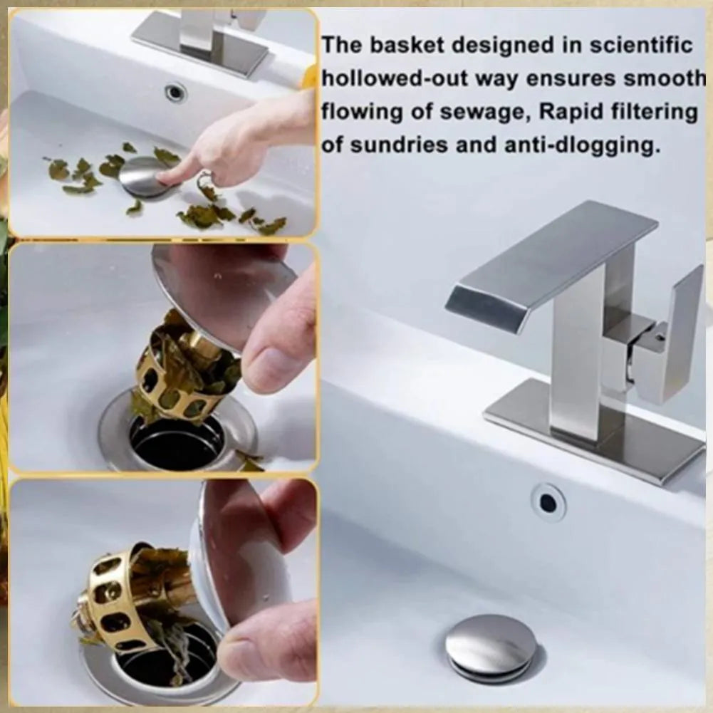 White copper sink filter with manual press mechanism for single-hole bathroom faucets.