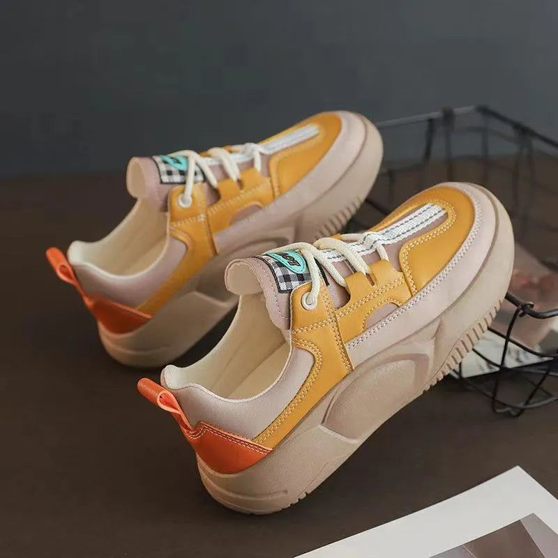 Women's fashion thick sole stitching sneakers in beige with round toe and lace-up closure