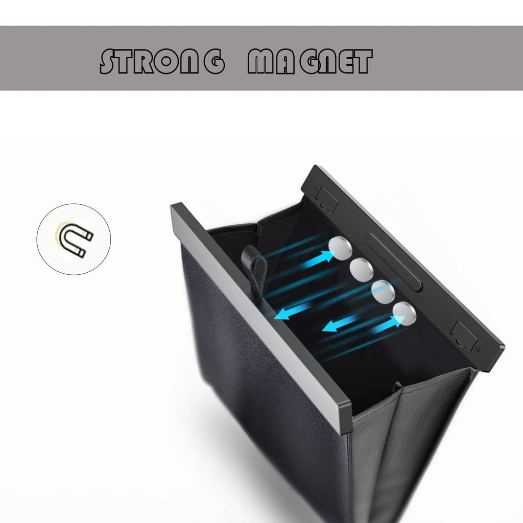 Car leather waterproof hanging garbage bag 27.5x26cm in black with light strip, shown inside a vehicle door pocket