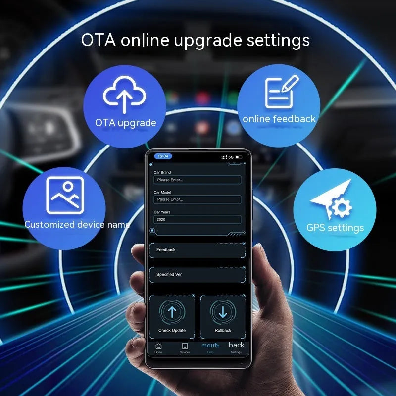 Car wireless entertainment box with 2Air protocol conversion and 76mm compact dimensions