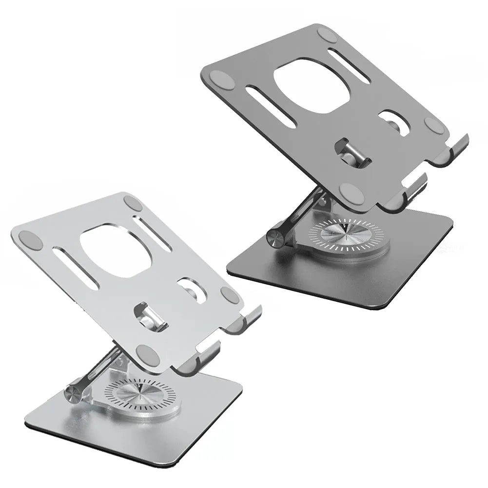 Rotating metal tablet stand with aluminium plate shown in silver colour at an adjusted height.