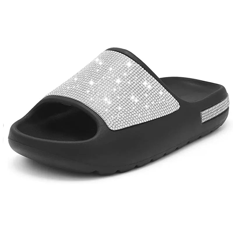 Apricot and black rhinestone peep-toe slippers for women with thick EVA sole and cloth lining, sizes 37 to 42