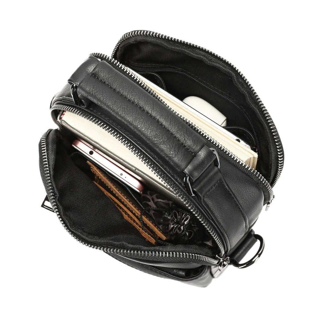 Men's black genuine leather single crossbody messenger bag with stitching detail for business travel