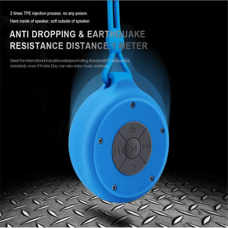 Compact Bluetooth speaker with suction cup base in black, blue and pink options
