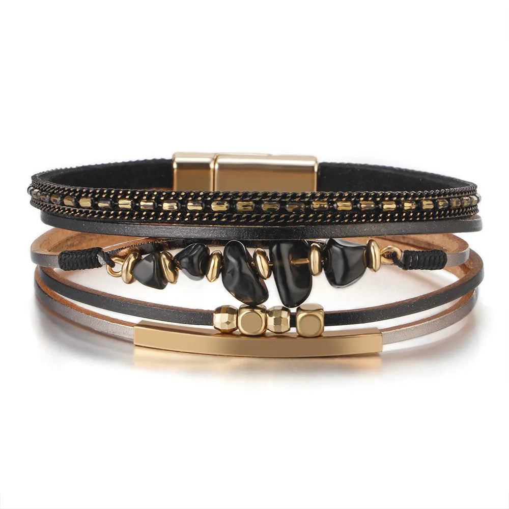 Boho copper tube bracelet with natural stone and magnetic snap on leather band, seven colour options