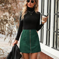 Women's high waist short skirt with zipper closure in black, camel, brick red, or dark green.