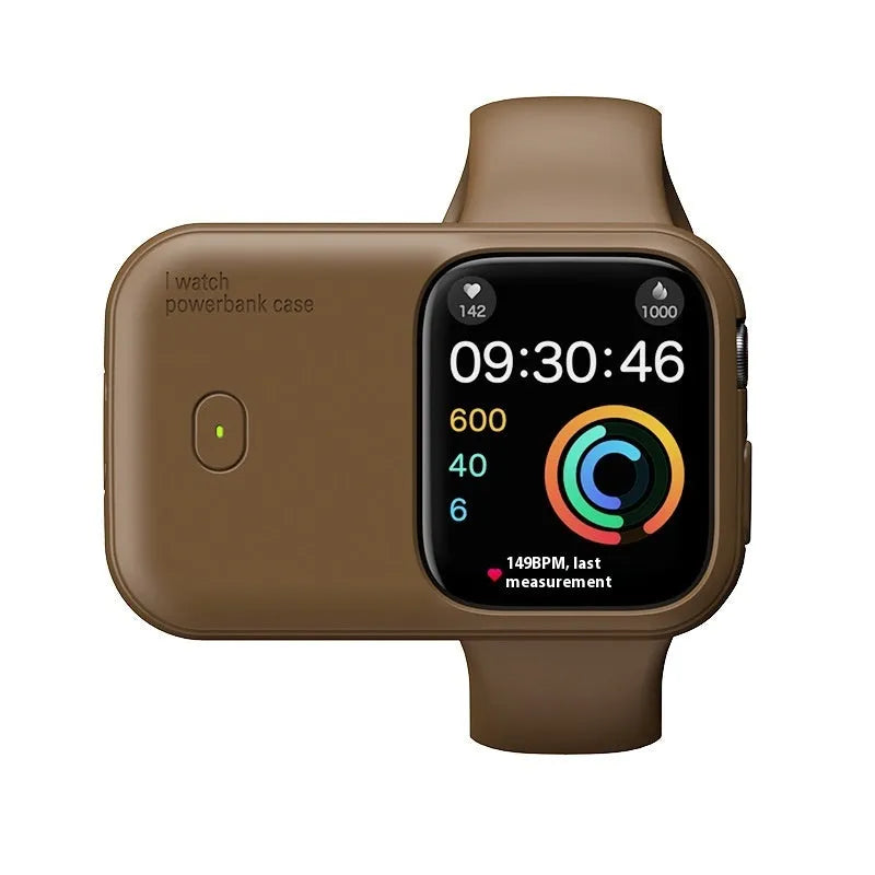 Apple Watch portable wireless charging case power bank in brown, blue, or starlight.