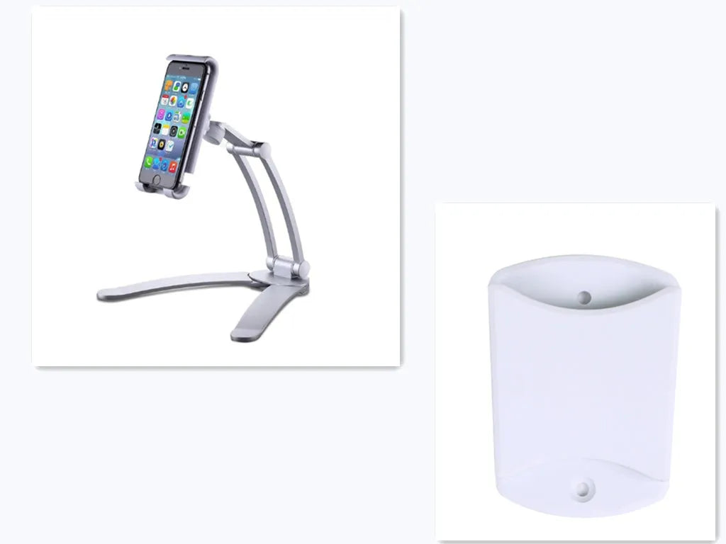 Silver aluminium desktop tablet stand holding a tablet, showing 360-degree rotation and dual adjustable clip design.