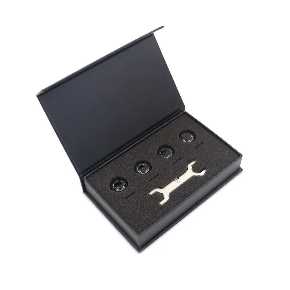 Bluetooth automotive tyre pressure monitoring system with four external sensors and installation tools.