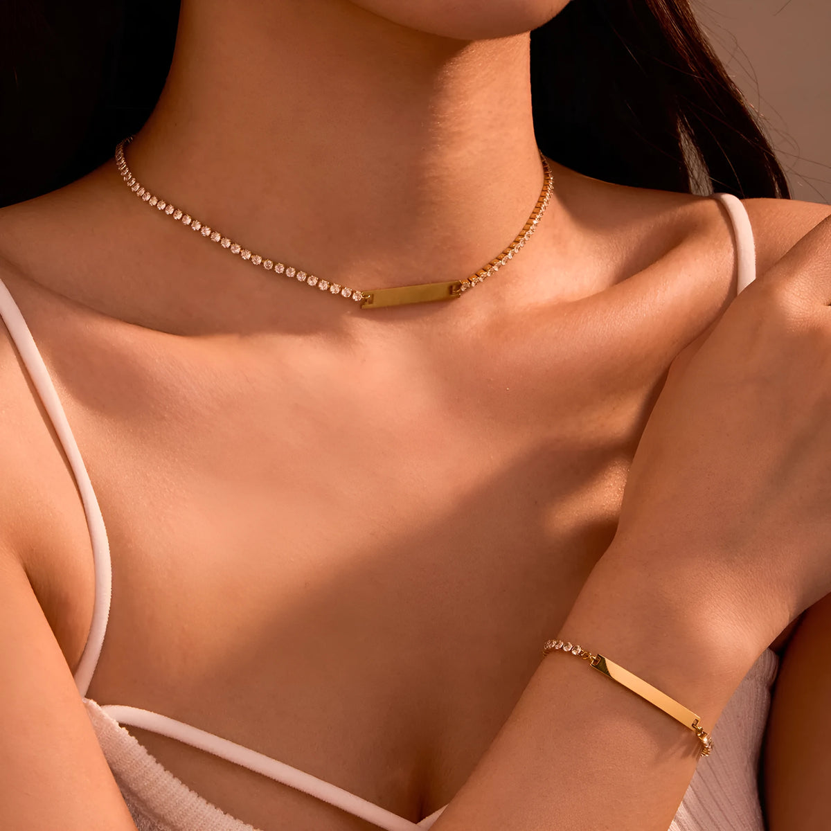 Diamond-embedded lettering bracelet, stainless steel, 18K electroplated, geometric quadrangle, 41-50cm