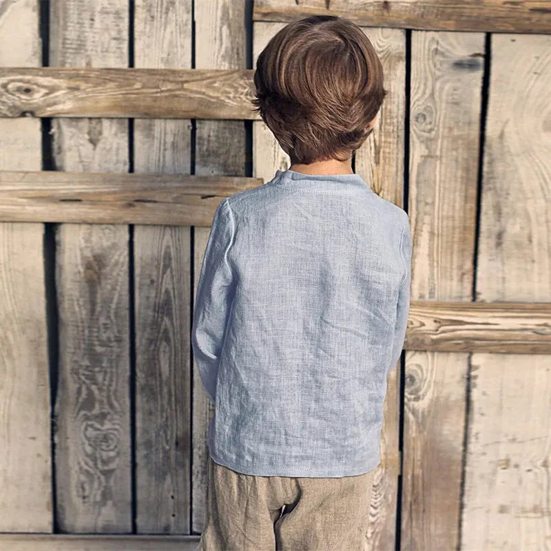 Baby long sleeve top in blue or white, cotton and linen fabric, casual neutral style, sizes 90cm to 130cm