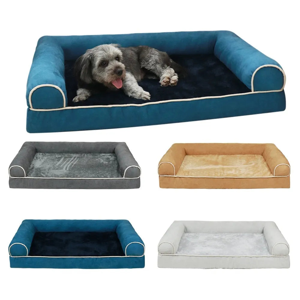 Square dark grey dog bed with raised sponge sides on a wooden floor, showing breathable cloth texture.
