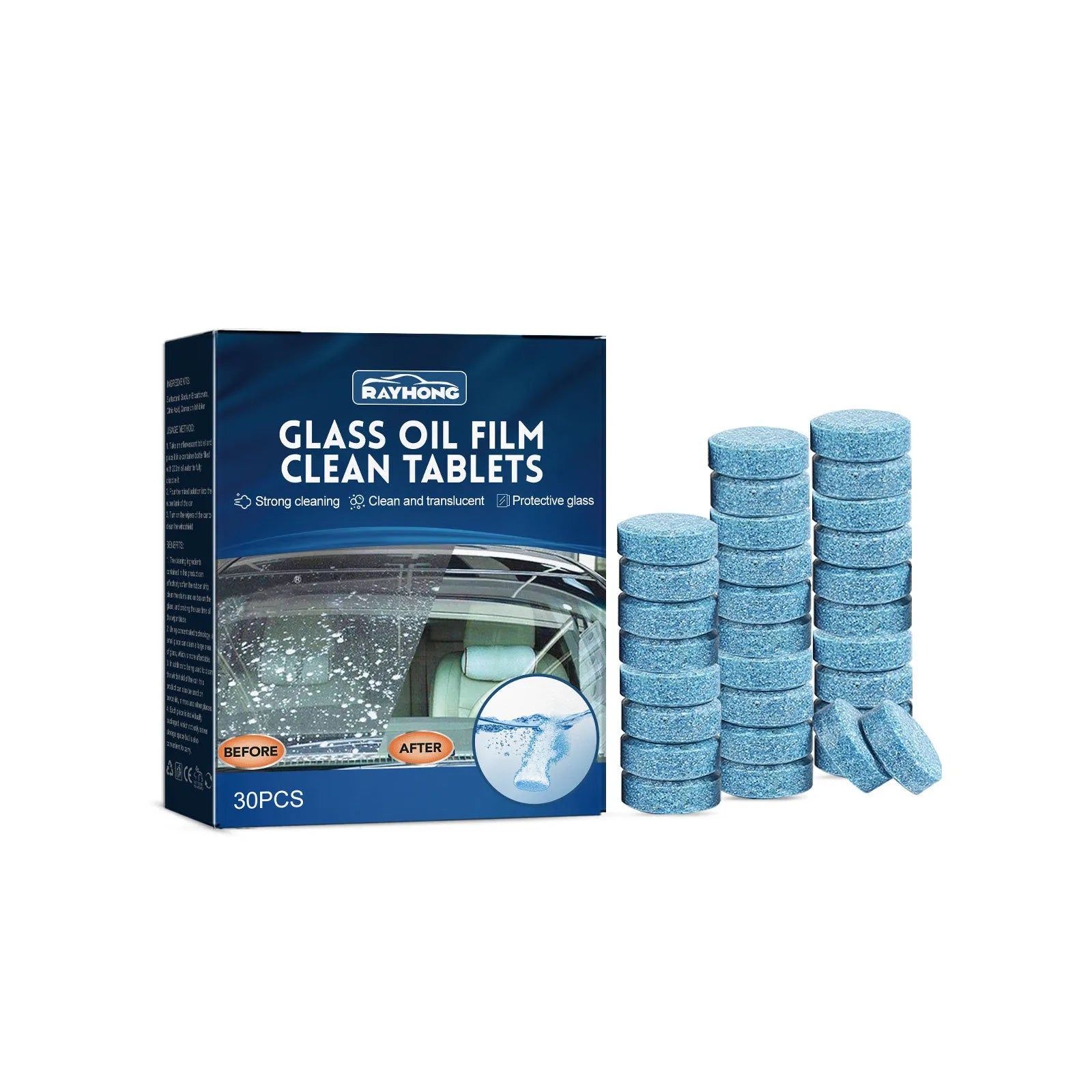 Box of 30 car oil-removing film cleaning effervescent tablets for automotive glass surfaces