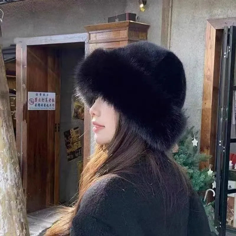 Plush Mongolian hat in faux mink fur, dome style, cold-proof for winter, available in black, brown, milk tea, and milky white