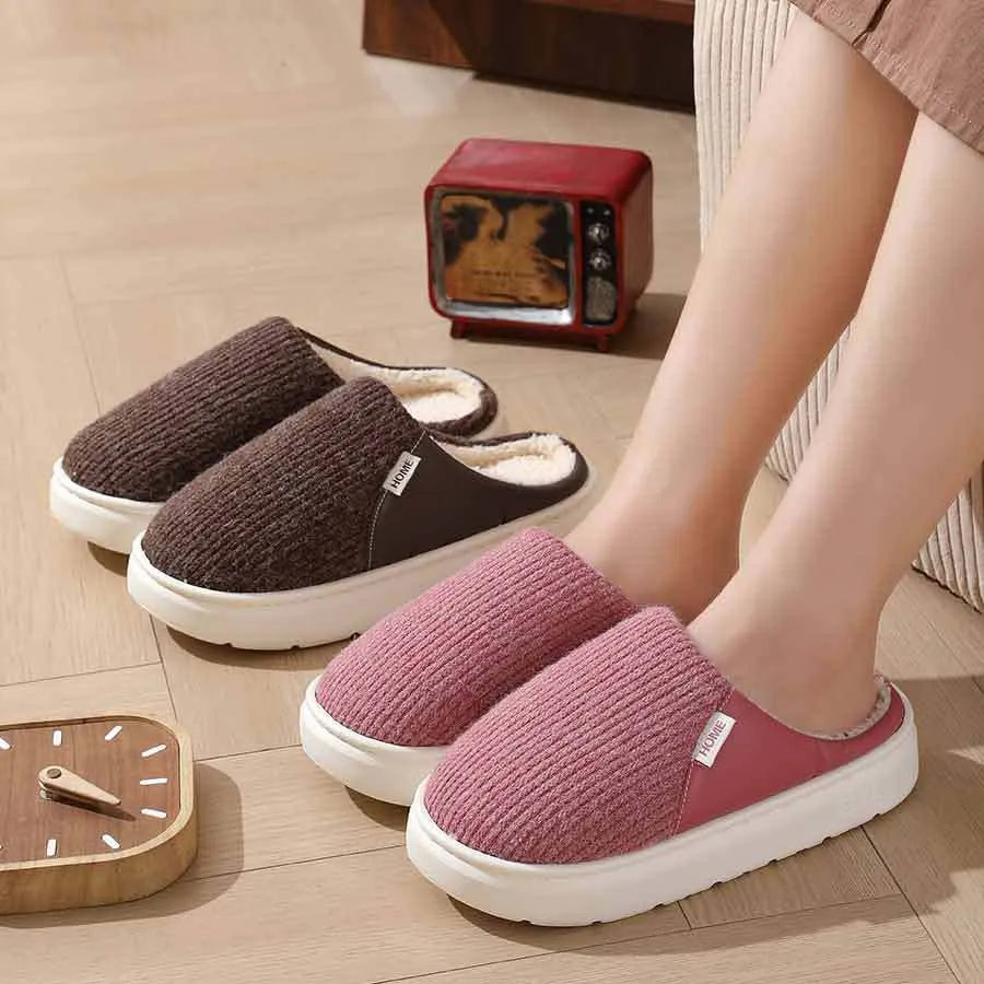 Winter warm plush home slippers with knitted fabric upper and thick TPR sole in multiple colours
