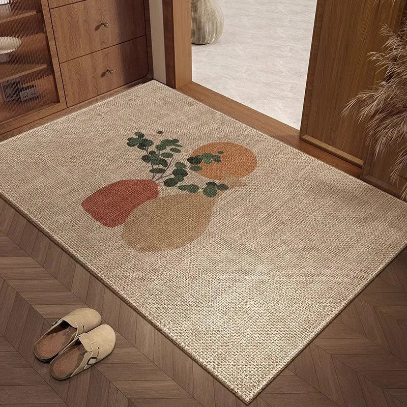 Beige linen home mat with plant and flower print, square shape, available in 40x60cm to 80x120cm