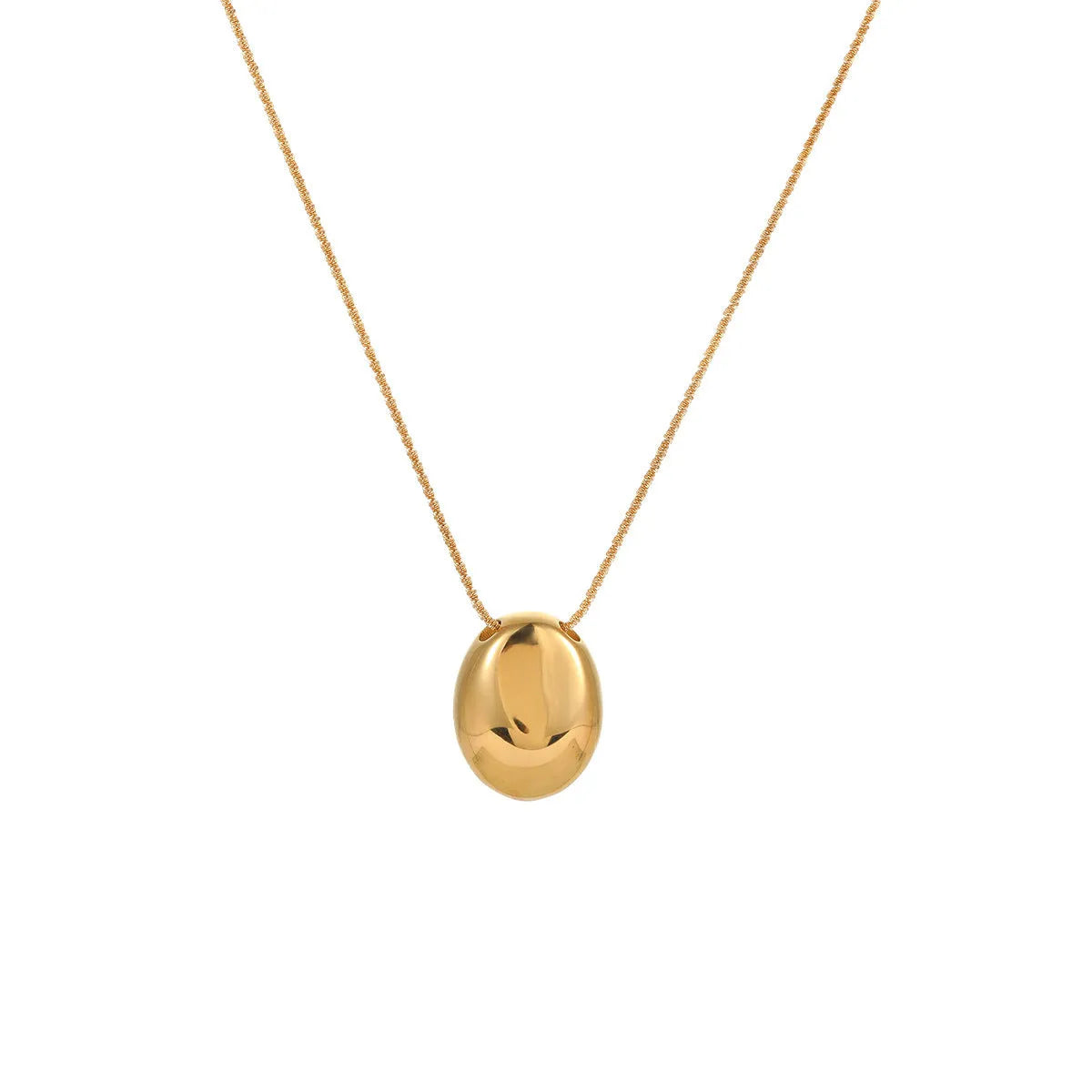 Gold geometric pendant necklace on a stainless steel chain with adjustable length.