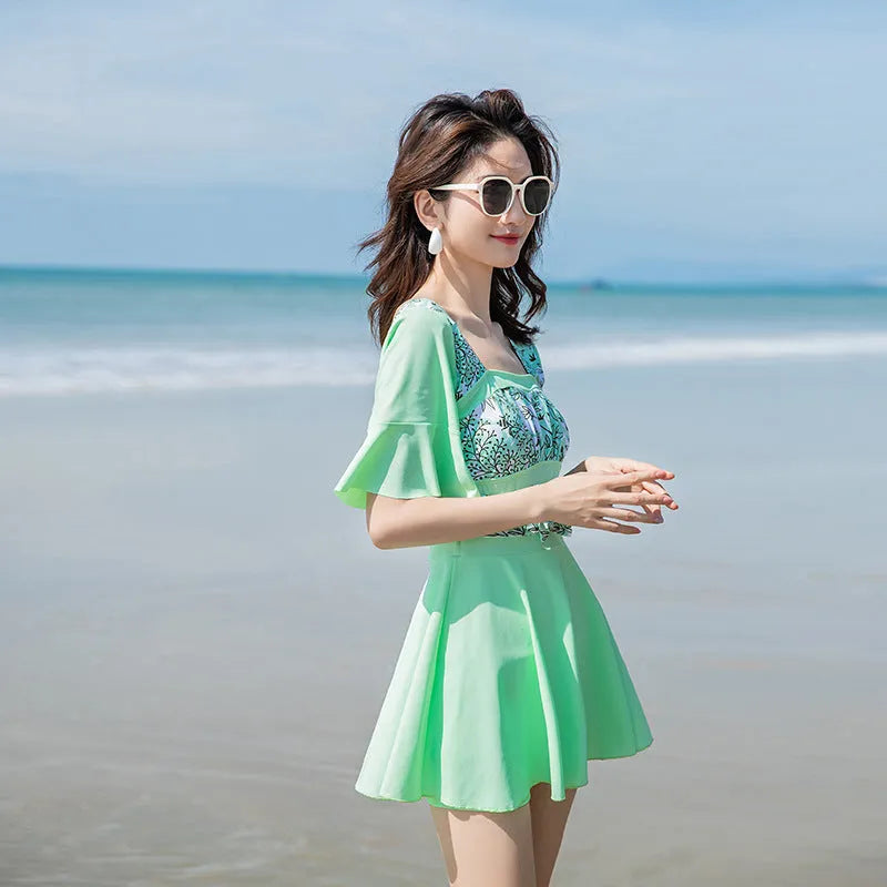 Women's green and blue seaside print one-piece swimsuit in Chemical Fibre blend fabric