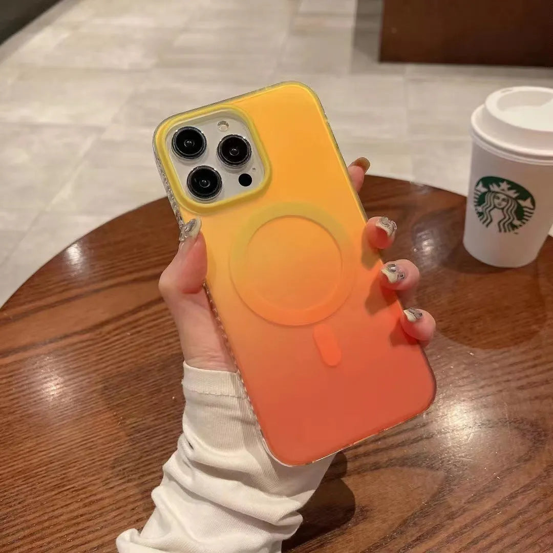 Gradient streamer neon magnetic suction phone case for iPhone in frosted acrylic with red and yellow colour