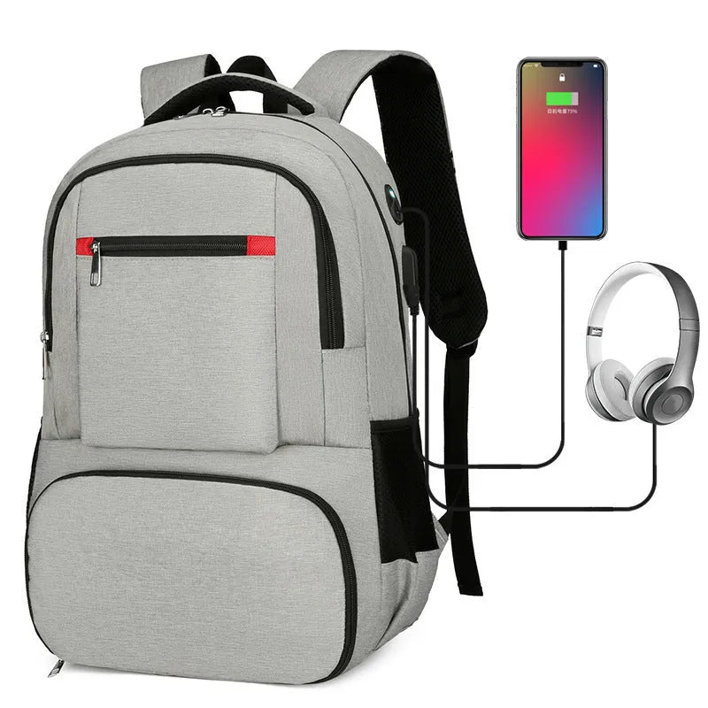 Light grey Oxford cloth insulated backpack with curved shoulder straps and a pull rod belt.