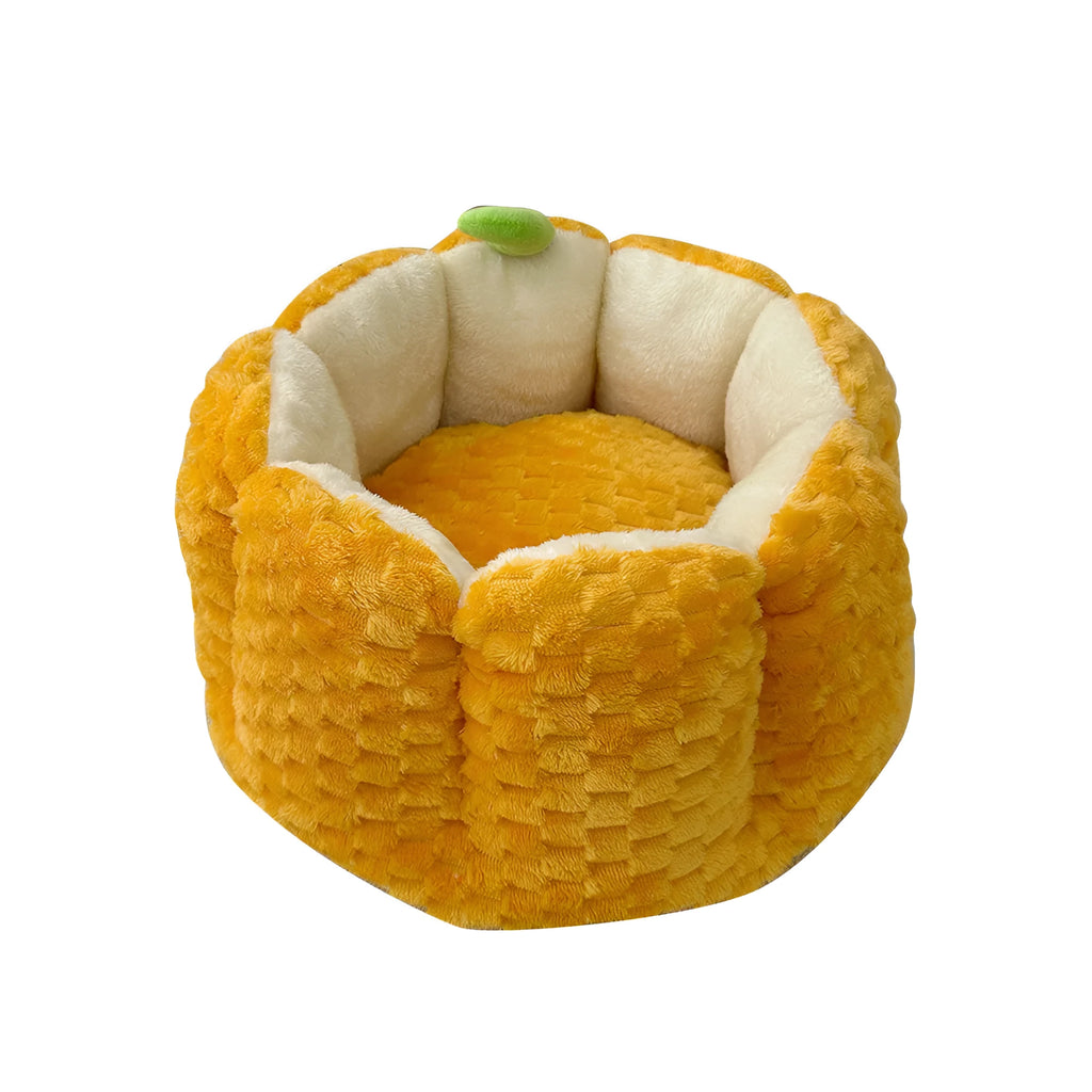 Pumpkin-shaped orange cat nest with raised sides and cotton filling in two size options