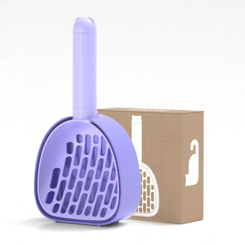 White ABS plastic cat litter scoop with a stand-up base and hidden bag storage compartment.