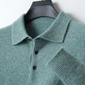 Men's grey wool pullover sweater with a polo collar and long sleeves laid flat