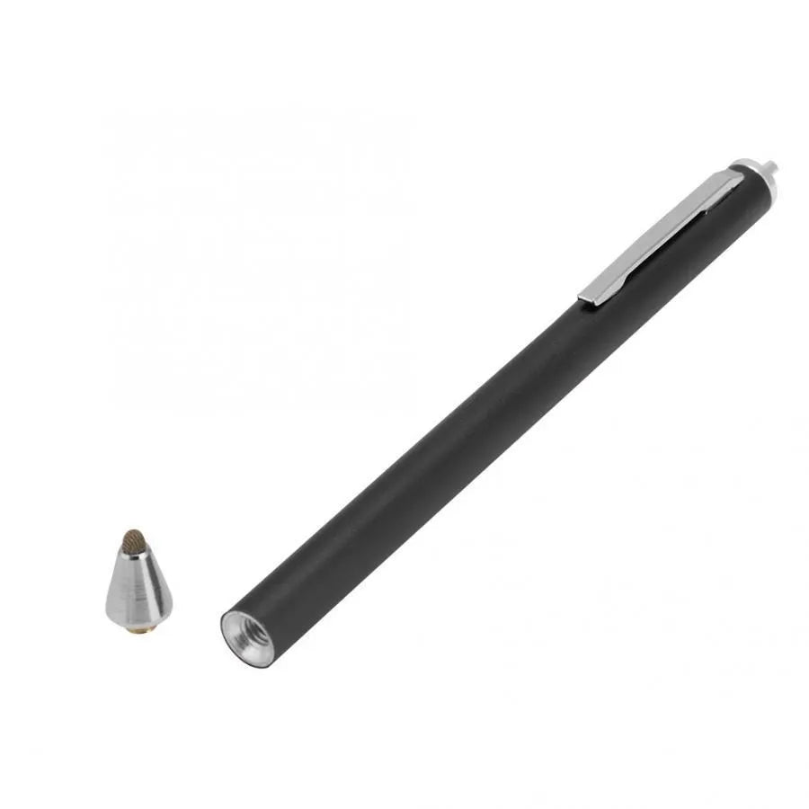 Black metal stylus with a fine 1.4mm tip for precise drawing on a smartphone screen.