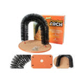 A white plastic arched cat scratcher with a built-in grooming brush in the centre.
