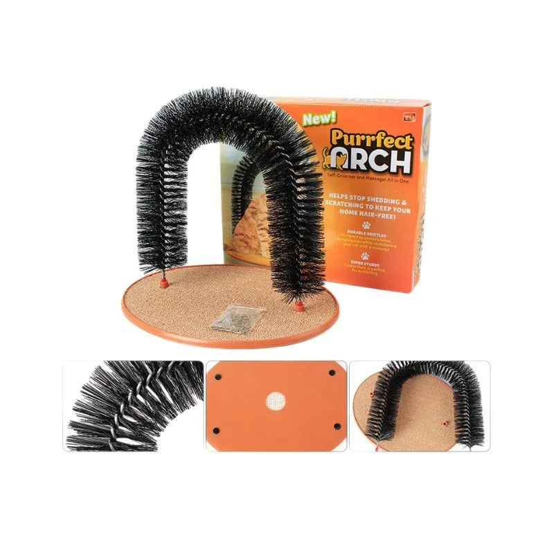 A white plastic arched cat grooming toy with built-in brush bristles for scratching and rubbing.