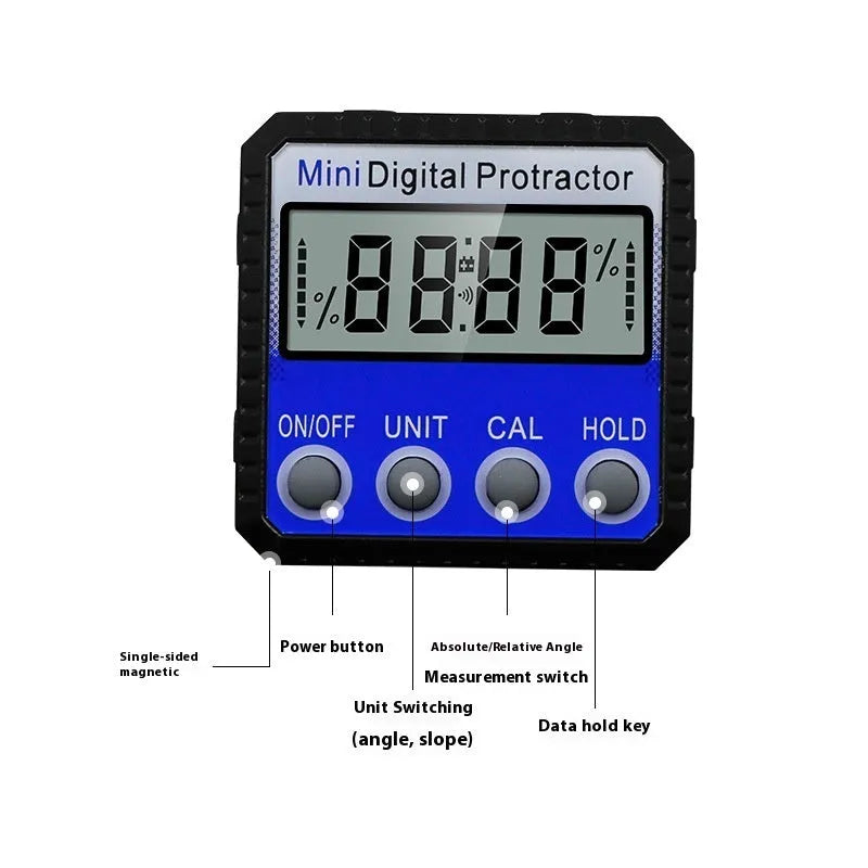 Blue digital inclinometer with magnetic flip base, 52x52x28mm, 4x90° range