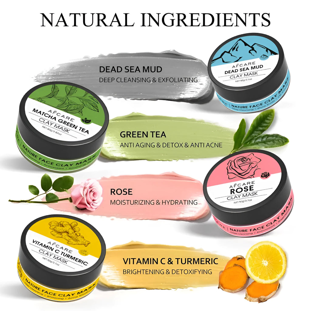 4-pack set of Dead Sea mud clay face masks with green tea, turmeric and rose clay ingredients