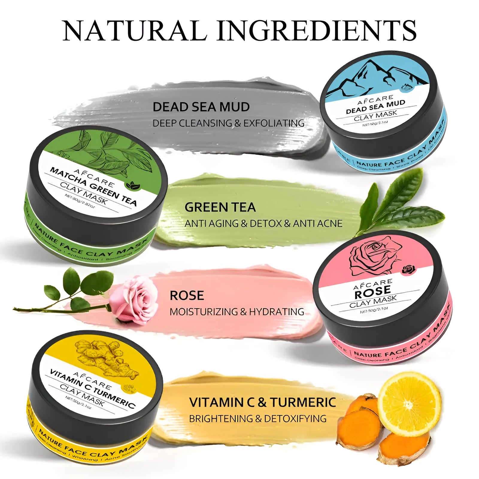 4-pack set of Dead Sea mud clay face masks with green tea, turmeric and rose clay ingredients