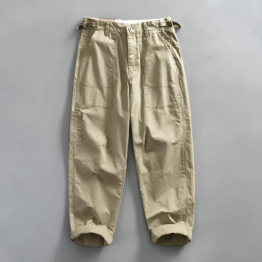 Men's straight-leg cotton work trousers in apricot, brown, and army green colours