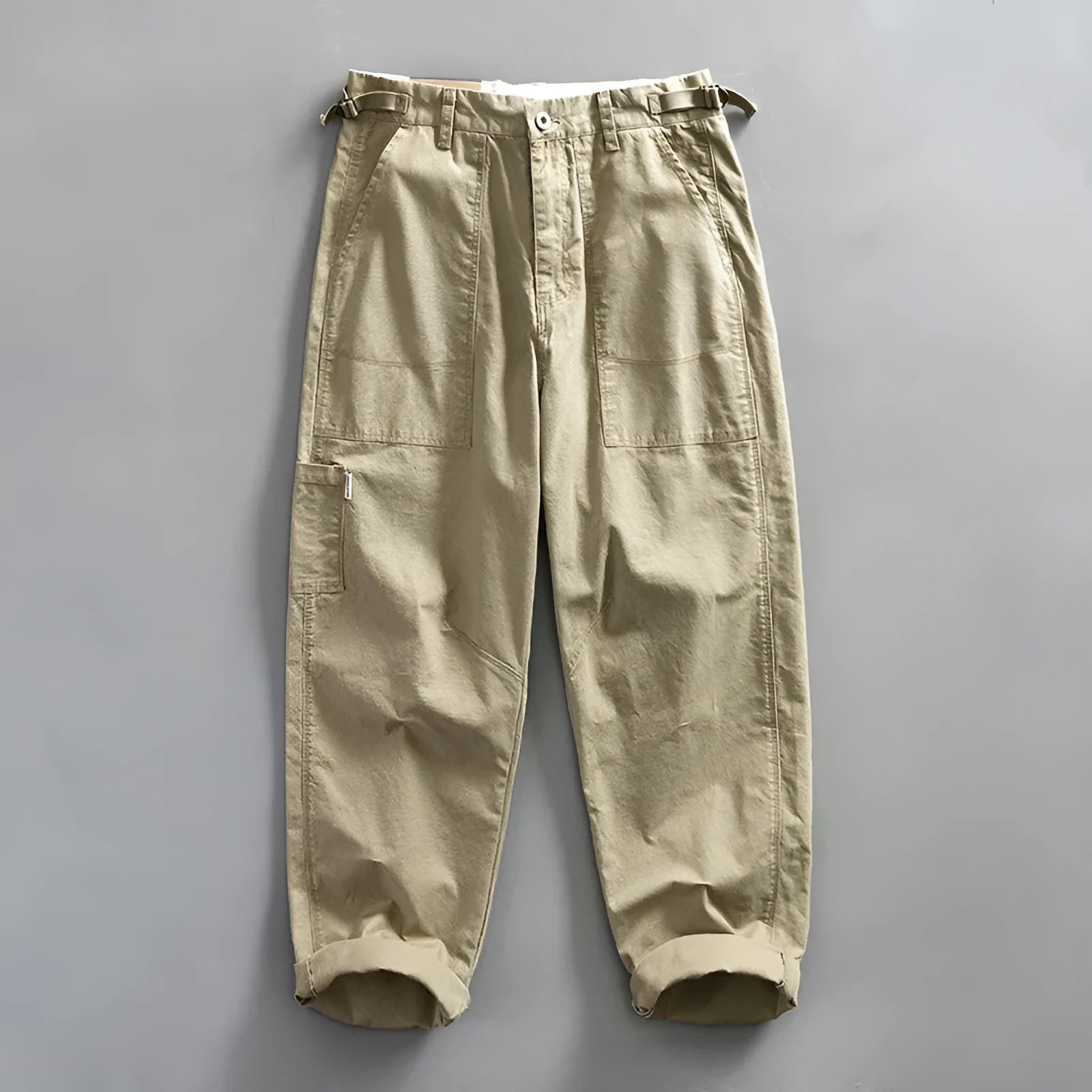 Men's straight-leg cotton work trousers in apricot, brown, and army green colours