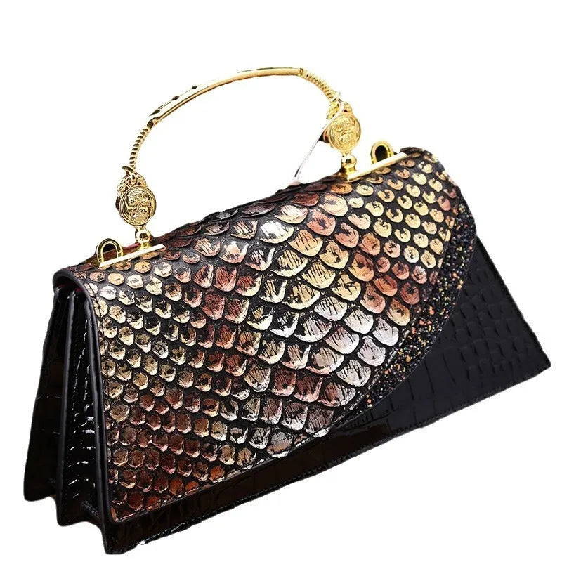 Genuine leather shoulder messenger bag in Black Gold contrast colour horizontal square shape with single strap
