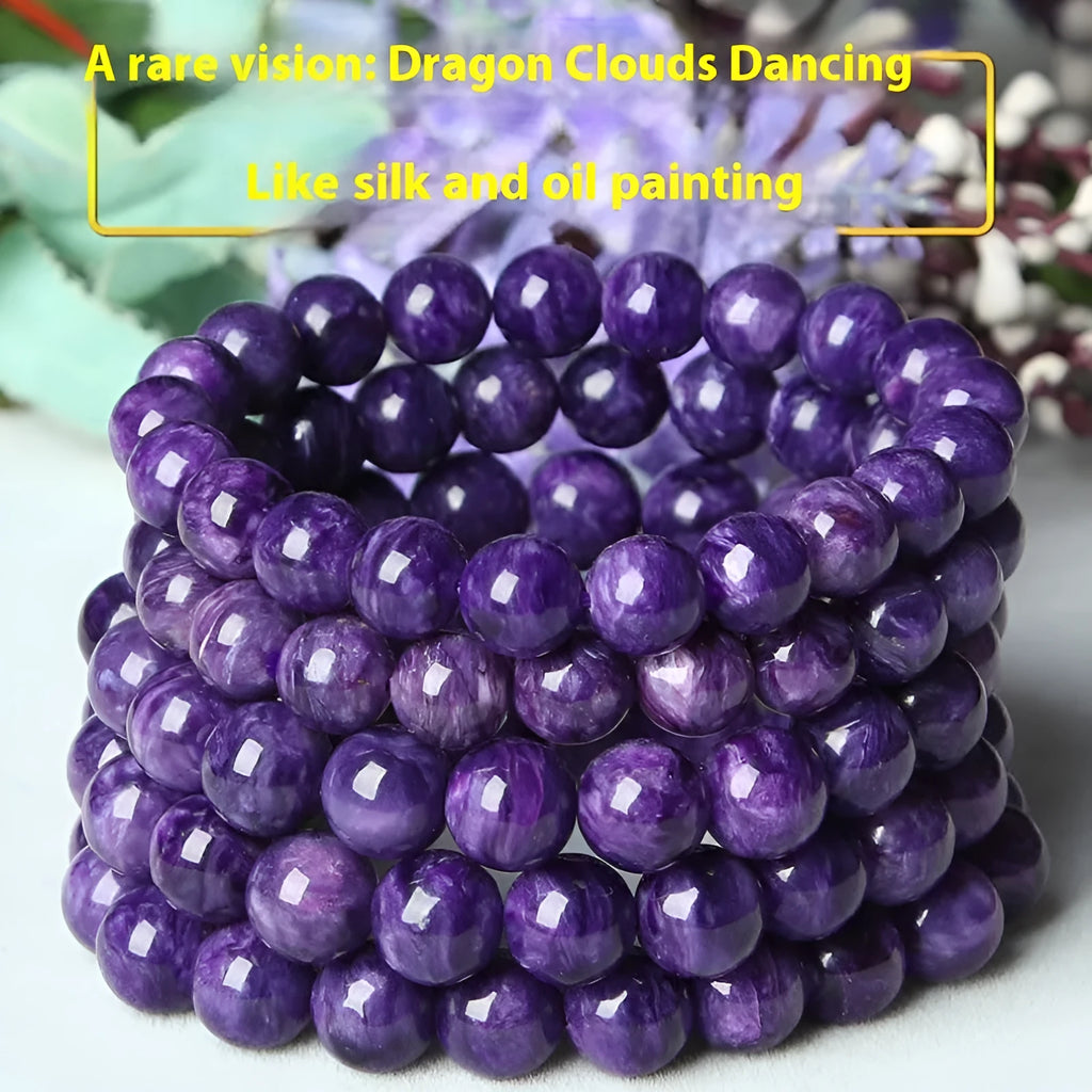 Handmade transparent Charoite crystal bracelet on platinum wire, showing different bead size options.