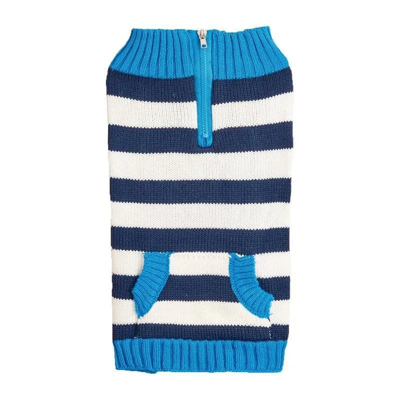 Blue dog sweater with horizontal zipper, side pocket, and contrast trim on a small dog.