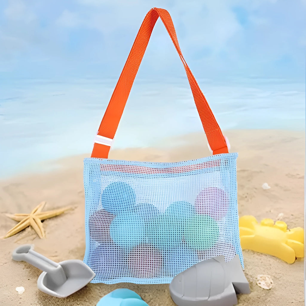Blue nylon mesh travel storage bag with zip closure for children's toys and clothes