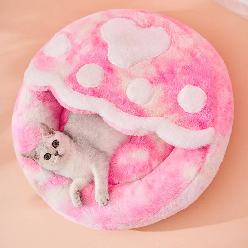 Pink plush enclosed cat bed with unicorn pattern, size S (35cm wide), for indoor pet sleep