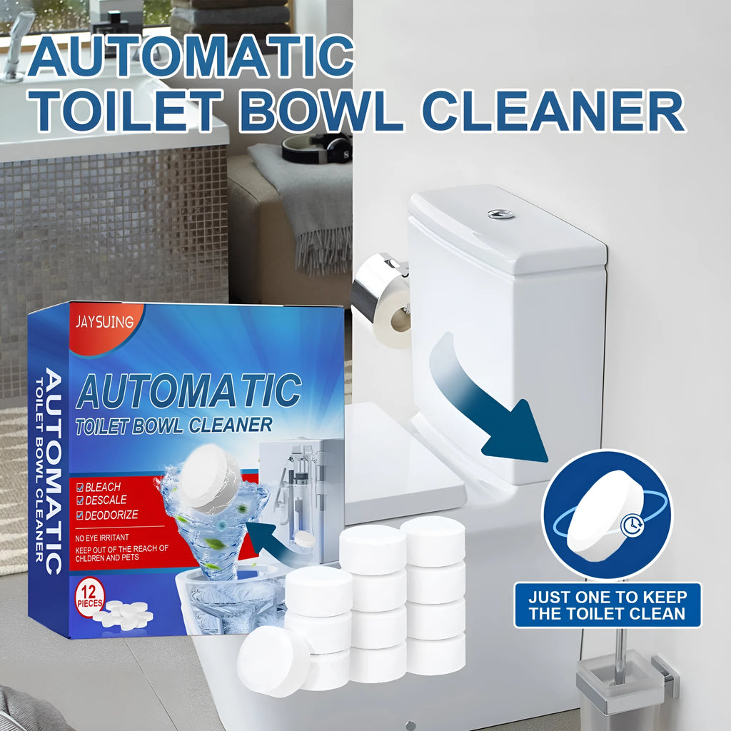 Pack of 12 toilet cleaning effervescent tablets with product size 1.6cm each in 10cm packaging